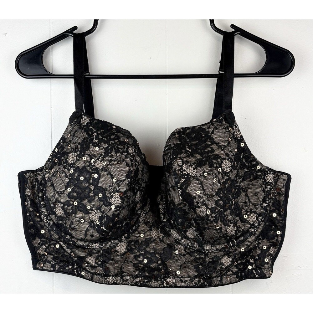 Cacique Intimates Bra 42D Black Lace Sexy Sparkle Soft Cups Balconette